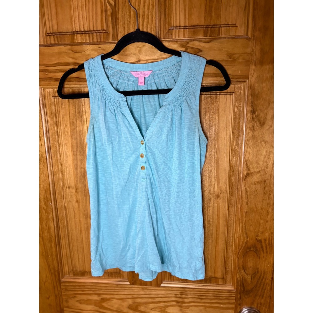 Lilly Pulitzer Womens XS Blue Slub Jersey Smocked Henley Sleeveless Tank Top